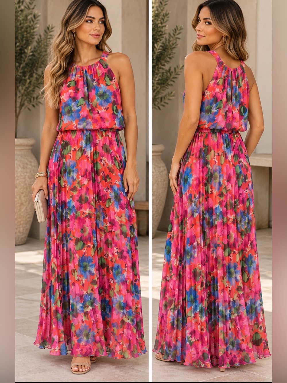 X by Xscape XC319 Coral Floral Pleated Blouson Halter Maxi Dress 12